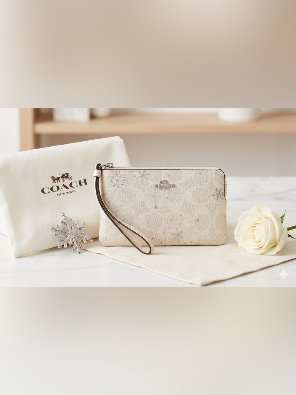 Coach LTD Cream Signature Wristlet with Snowflake Design